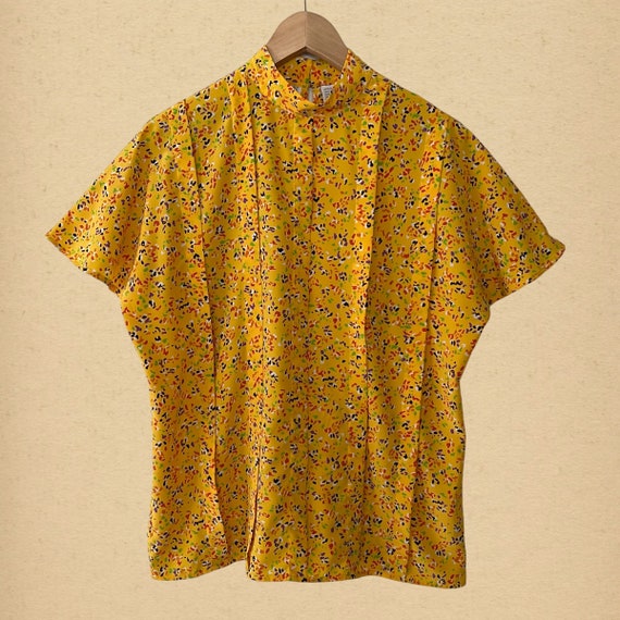 Vintage 80s Anne Klein Yellow Patterned Blouse,  … - image 1