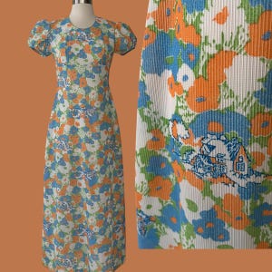 Vintage 70s Novelty Dress, 1970s Empire Waist Maxi Dress
