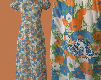 Vestido vintage dos anos 70, modelo inovador, cintura império, comprimento maxi.