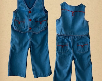 Vintage 70s Kids Soft Denim Pants & Vest Western Set, Tagged 24 months