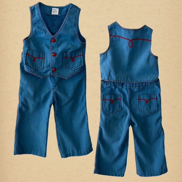 Vintage 70s Kids Soft Denim Pants & Vest Western Set, Tagged 24 months