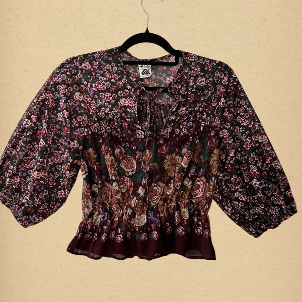 Vintage 70s You Babes Slightly Sheer Floral Cropped Blouse, Size Women's X-small - Small