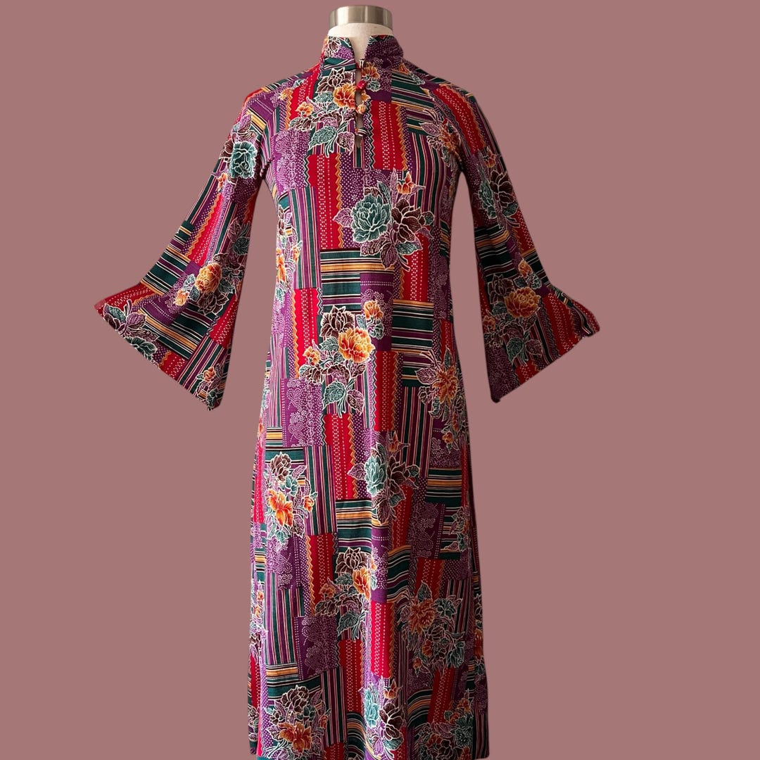 Vintage 70s Abstract Floral Patterned Dress With Angel Wing Sleeves - Etsy