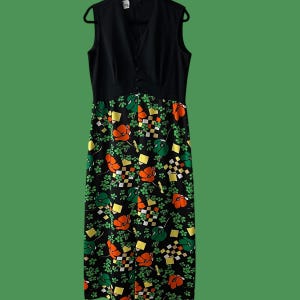 Vintage 70s Puritan Forever Young Black Floral Maxi Dress, Neon, Psychedelic, Mod