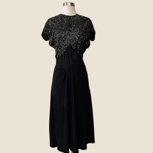 Vintage 40s Black Sequin Dress, Hollywood Glam