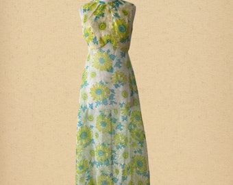 Vintage 60s Floral Chiffon Sheer Maxi Dress