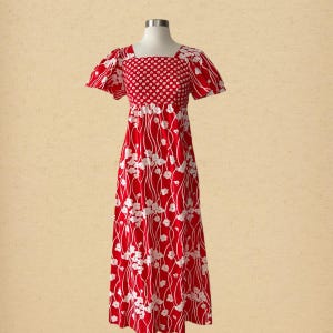 Vintage 70s Red & White Floral Prairie Maxi Dress, Size Estimate XS