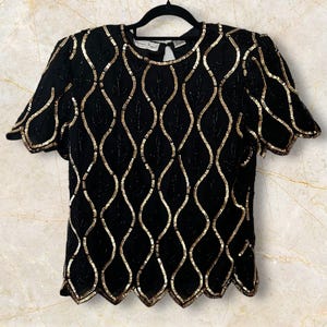Vintage 80s Laurence Kazar Black Gold Bead & Sequin Blouse, Size Large