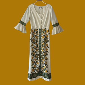 Alfred Shaheen 70s Floral Mod Maxi Dress w/ Trumpet Sleeves