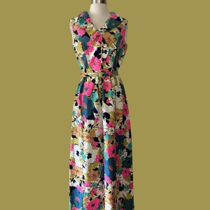 Vintage 60s Barkcloth Floral Hawaiian Neon Maxi Dress, Size Estimate Small
