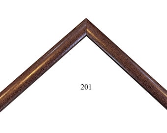 May include: A dark brown wooden picture frame corner sample with a visible wood grain texture. The frame features a mitered joint at the top center and the number 201 is printed in black text in the center of the open space below the frame.