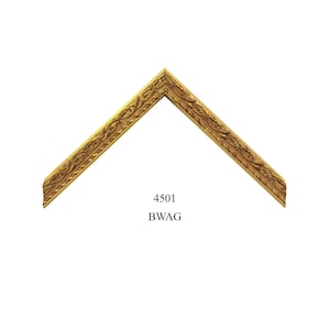 May include: A gold-colored corner section of a picture frame featuring an intricate embossed leaf and vine pattern along its length. The text 4501 and BWAG is printed in black below the frame corner. The frame has a pointed mitered edge.