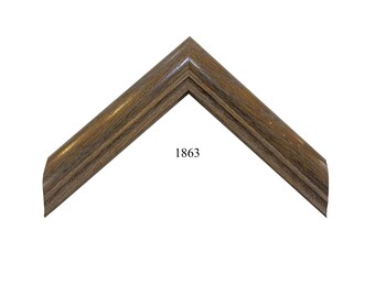 May include: A corner section of a picture frame molding featuring a dark brown wood grain finish with a smooth, polished surface. The frame has a stepped, tiered profile with multiple ridges and the number 1863 printed in black in the center.