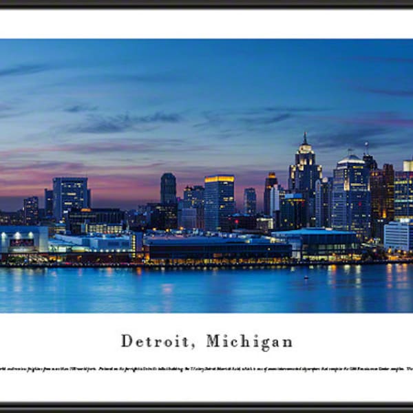 Detroit, Michigan in Twilight Panorama | Custom Framed Panoramic Skyline Picture City Photo | Wall Art For Home, Office, Business DET5