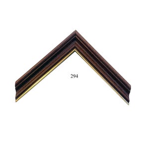 May include: A corner section of a dark brown wooden picture frame molding with a decorative profile and a thin gold inner edge. The number 294 is printed in black text near the center of the V-shaped frame corner piece.