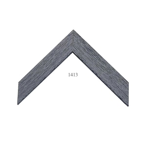 May include: A V-shaped corner section of a picture frame featuring a dark charcoal gray finish with a prominent wood grain texture. The number 1413 is printed in black in the center of the open space between the two angled frame segments.