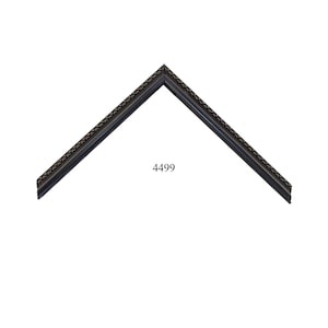 May include: A dark brown picture frame corner sample with a decorative repeating pattern along the inner edge. The frame features a beveled profile and is labeled with the number 4499 in the center. The sample is angled to form a V-shape.