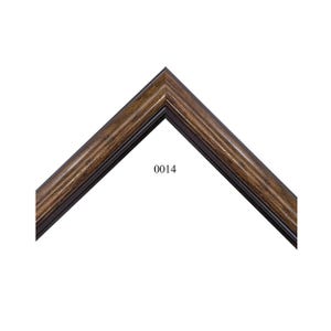 May include: A corner section of a picture frame featuring a dark brown wood grain finish with a subtle sheen. The frame has a stepped, multi-layered profile with a deep inner edge and a rounded outer ridge. The number 0014 is printed in black.