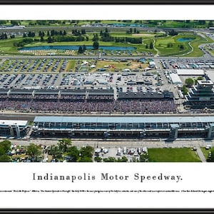 May include: Aerial view of the Indianapolis Motor Speedway, a large oval racetrack with grandstands and parking lots. The track is surrounded by green grass and trees.