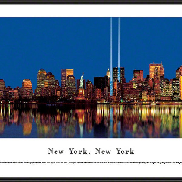 NYC Manhattan Twin Tower Tribute - Twilight, New York City Panorama | Framed Photo Skyline Panoramic Picture Wall Art NY11