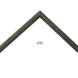 May include: A dark gray picture frame corner sample featuring a textured, wood-grain finish. The frame molding is angled to form a sharp point at the top. The number 470 is printed in black in the center of the open space below the frame corner.
