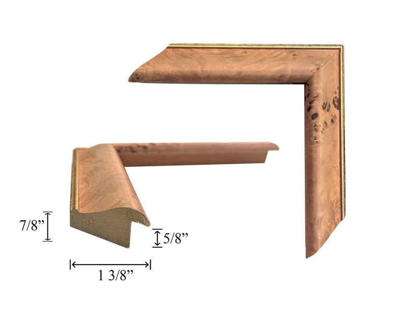 Custom Picture Frame 1 3/8W Peach Burl Veneer With Gold Trim Handmade