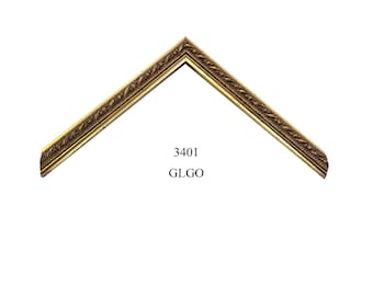 May include: An L-shaped corner section of a picture frame featuring an ornate, textured gold finish with intricate detailing along the edges. The text 3401 GLGO is printed in black below the frame corner, identifying the specific model and color.