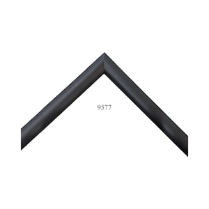 May include: A matte black picture frame corner sample featuring a clean, angled miter joint. The frame profile has a smooth, rounded surface and a simple, uniform design. The number 9577 is printed in black text in the center of the frame corner.