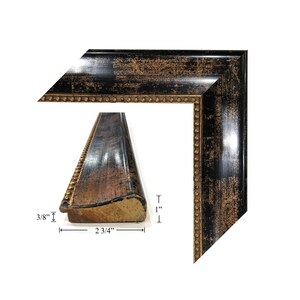 May include: A black picture frame with gold accents and a beaded edge. The frame is 3/8 inches thick and 2 3/4 inches wide. The frame is shown in two views, one showing the side profile and the other showing the corner.