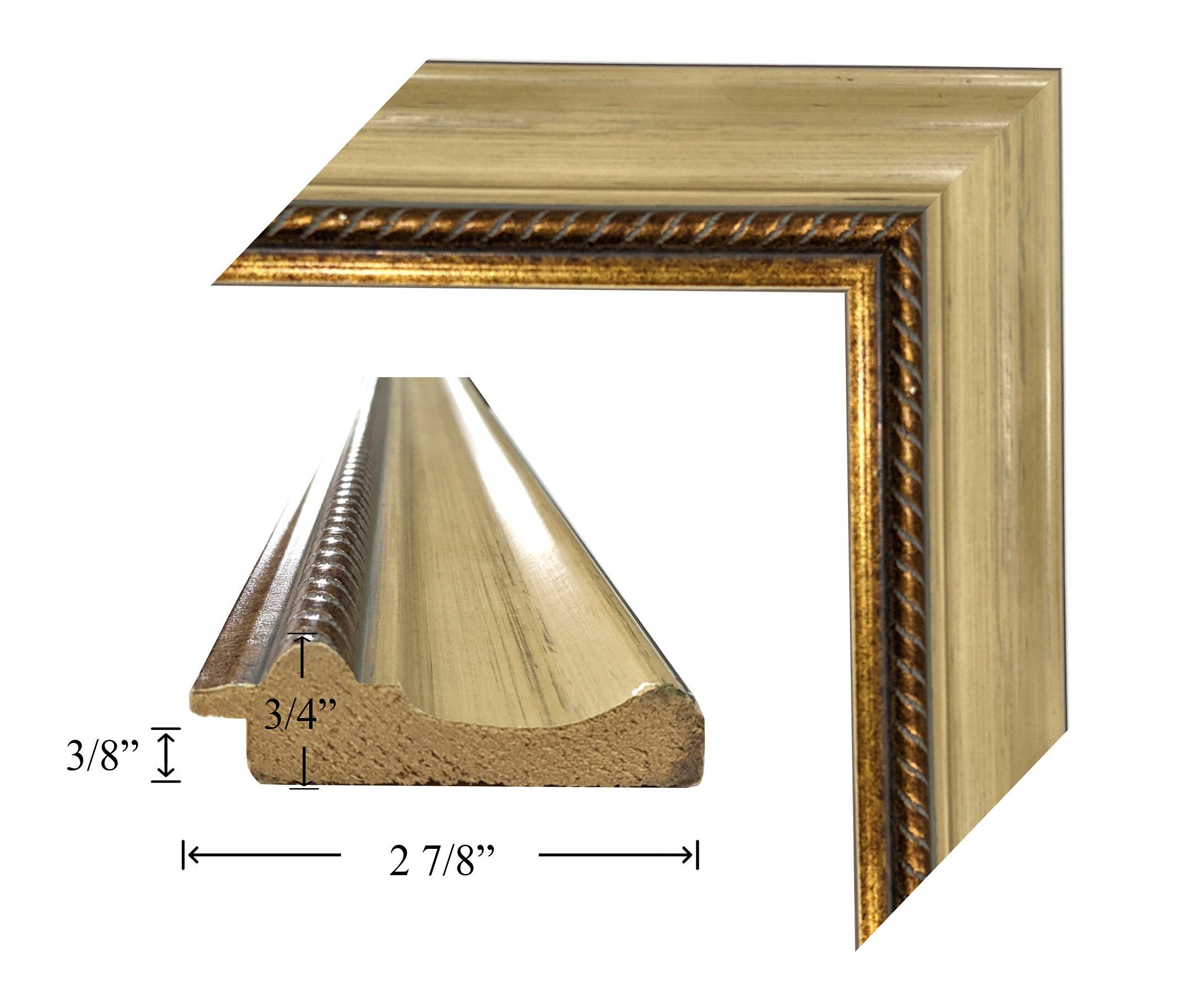 Custom Size Picture Frame | 2 7/8" Farmhouse Beige With Gold Rope Gold ...