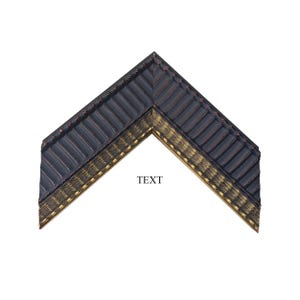 May include: A corner section of a picture frame featuring a dark, matte black finish with a series of vertical ridges. The inner edge displays a decorative gold-toned trim with a textured, repeating pattern. The word TEXT is printed in black.
