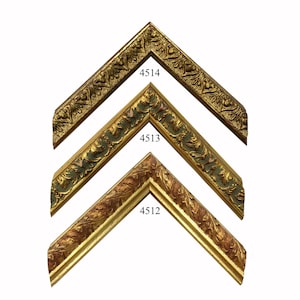 May include: Three V-shaped picture frame corner samples labeled 4514, 4513, and 4512. The top frame is metallic gold with ornate leaf carvings. The middle frame is gold with green accents. The bottom frame features a textured copper and gold finish.