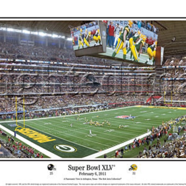 NFL "Super Bowl XLV" 2011 Green Bay Packers Custom Framed Panoramic Stadium Photo | by Rob Arra Football Sports Poster