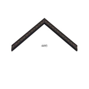 May include: A dark brown picture frame corner sample featuring an intricate embossed leaf pattern along the outer edge and a beaded inner border. The number 4493 is printed in black text in the center of the V-shaped frame corner piece.