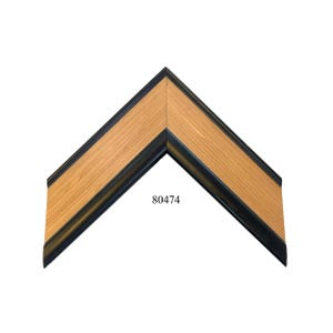 May include: A corner section of a picture frame featuring a light brown wood grain center panel bordered by two thin black edges. The frame piece is angled to form a V-shape and displays the number 80474 printed in black on the wood surface.