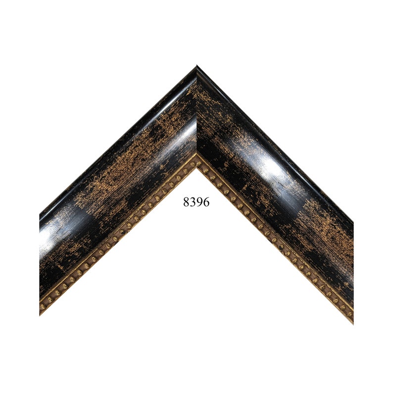May include: A black and gold picture frame with a decorative beading detail. The frame has a distressed finish and the number 8396 is printed on the frame.