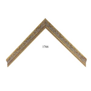 May include: An L-shaped corner section of a picture frame featuring a weathered grey finish with gold-toned ornate floral carvings along the outer and inner edges. The number 1766 is printed in black in the center of the open space.