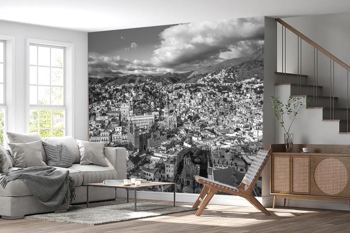 Wall Mural - City Scape Guanajuato City Mexico B&W V3 - Peel and