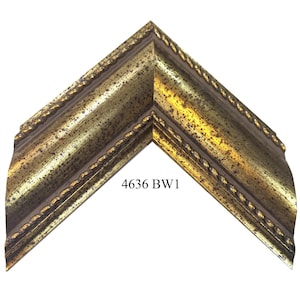 May include: A corner section of a picture frame molding with a metallic gold and dark brown distressed finish. The frame features a decorative rope-like texture along the inner and outer edges. The text 4636 BW1 is printed in black.