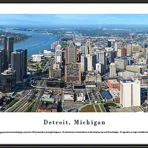Detroit, Michigan Downtown City Skyline Panorama | Custom Framed Panoramic Photo Cityscape Picture Wall Art for Home, Office, Business DET4