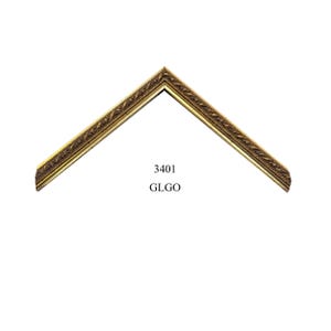 May include: An angled corner section of a gold-toned picture frame molding featuring an ornate, repeating leaf-like relief pattern along its surface. The text 3401 GLGO is printed in black below the frame corner, indicating the specific model style.