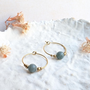 BOHEME Small golden brass hoop earrings with gemstones - Boho crystal hoops - turquoise gold earrings - tiger eye jade labradorite