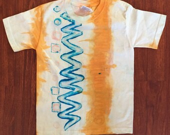 Hand-made Batik Direct Application One-of-a-kind Round neck Youth T Shirt. Orange and Turquoise on White Cotton, DABTS 025