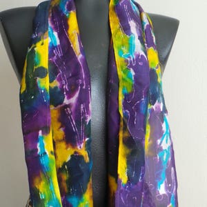 Silk Scarf, Batik Scarf, Dye Painting, Perfect Scarf For Women, Gift For Her, Gift For Love Ones, Turquoise Yellow Purple & Green Silk Scarf image 1