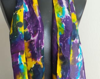 Silk Scarf, Batik Scarf, Dye Painting, Perfect Scarf For Women, Gift For Her, Gift For Love Ones, Turquoise Yellow Purple & Green Silk Scarf