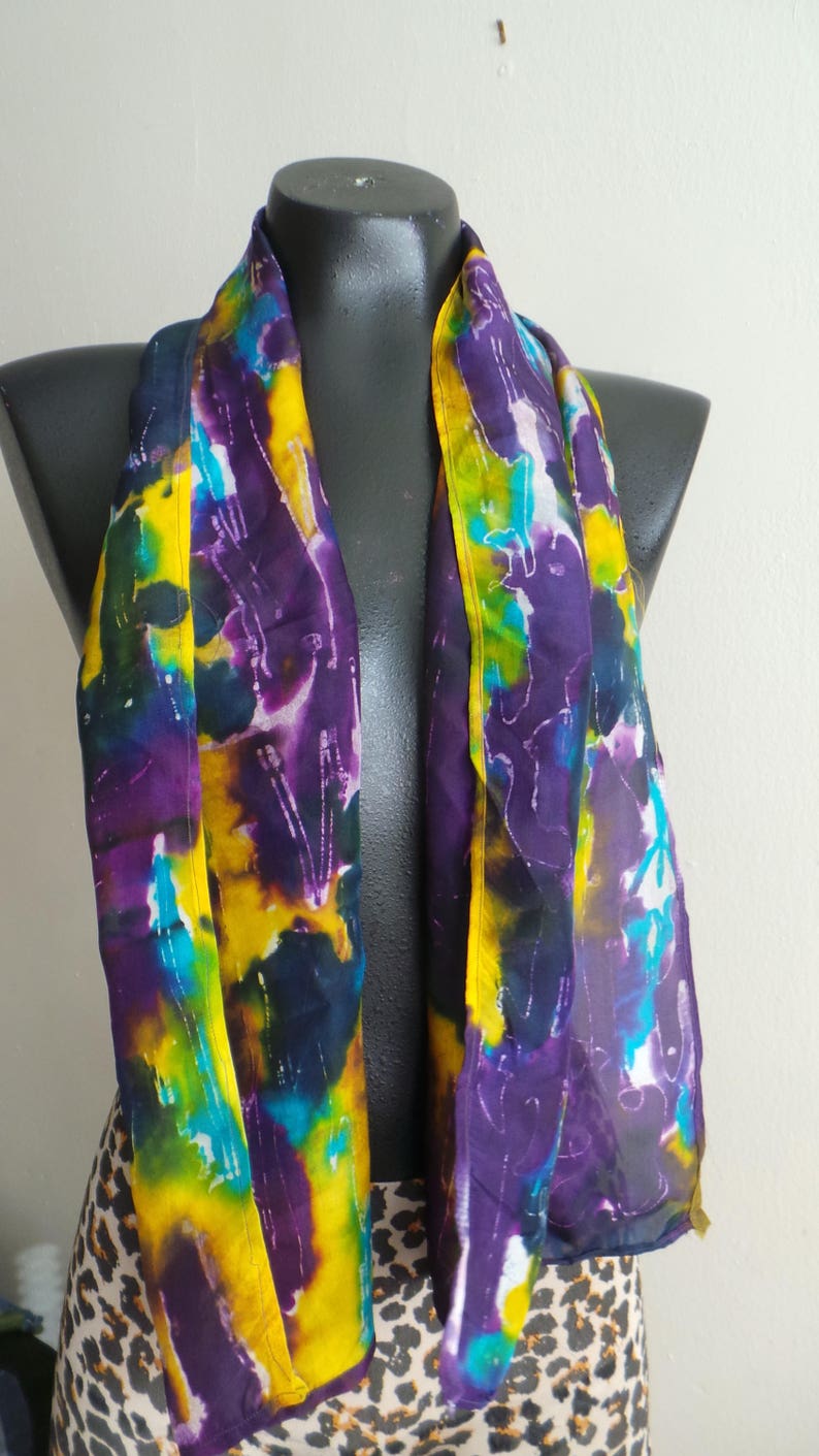 Silk Scarf, Batik Scarf, Dye Painting, Perfect Scarf For Women, Gift For Her, Gift For Love Ones, Turquoise Yellow Purple & Green Silk Scarf image 1