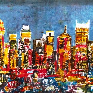 Hand-made Batik Direct Application One-of-a-kind New York 4 The Big Apple Skyline Painting on White Cotton Blend image 1