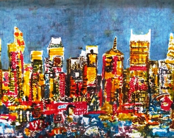 Aplicación Batik Direct hecha a mano Uno de su tipo Nueva York 4 (La Gran Manzana) Skyline Pintura en Mezcla de Algodón Blanco