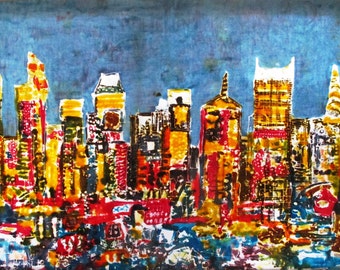 Hand-made Batik Direct Application One-of-a-kind New York 4 (The Big Apple) Skyline Painting on White Cotton Blend