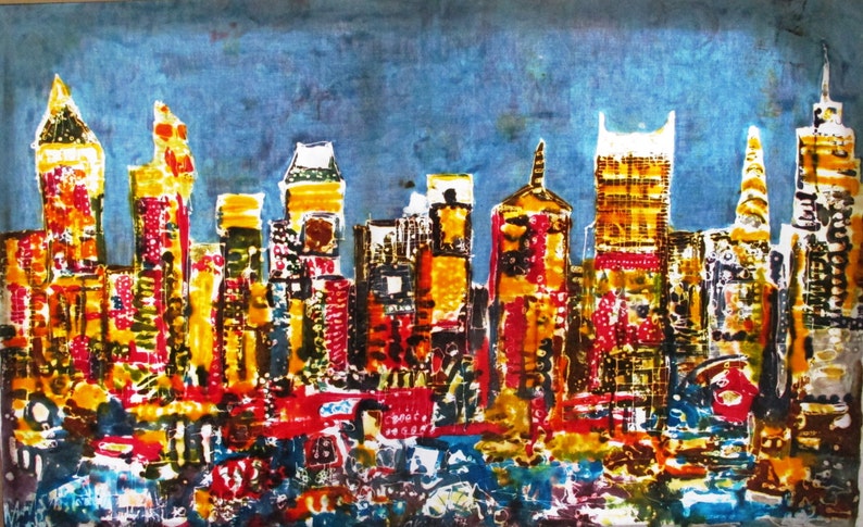 Hand-made Batik Direct Application One-of-a-kind New York 4 The Big Apple Skyline Painting on White Cotton Blend image 1